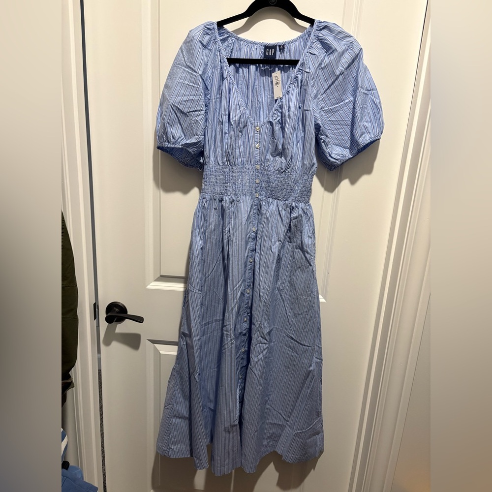 Gap Puff-Sleeve Midi Dress Medium Blue Stripe
